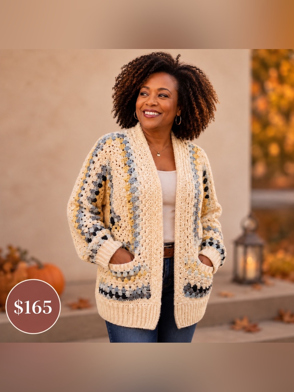 Crochet Cardigan Cream&Gray Brooch included